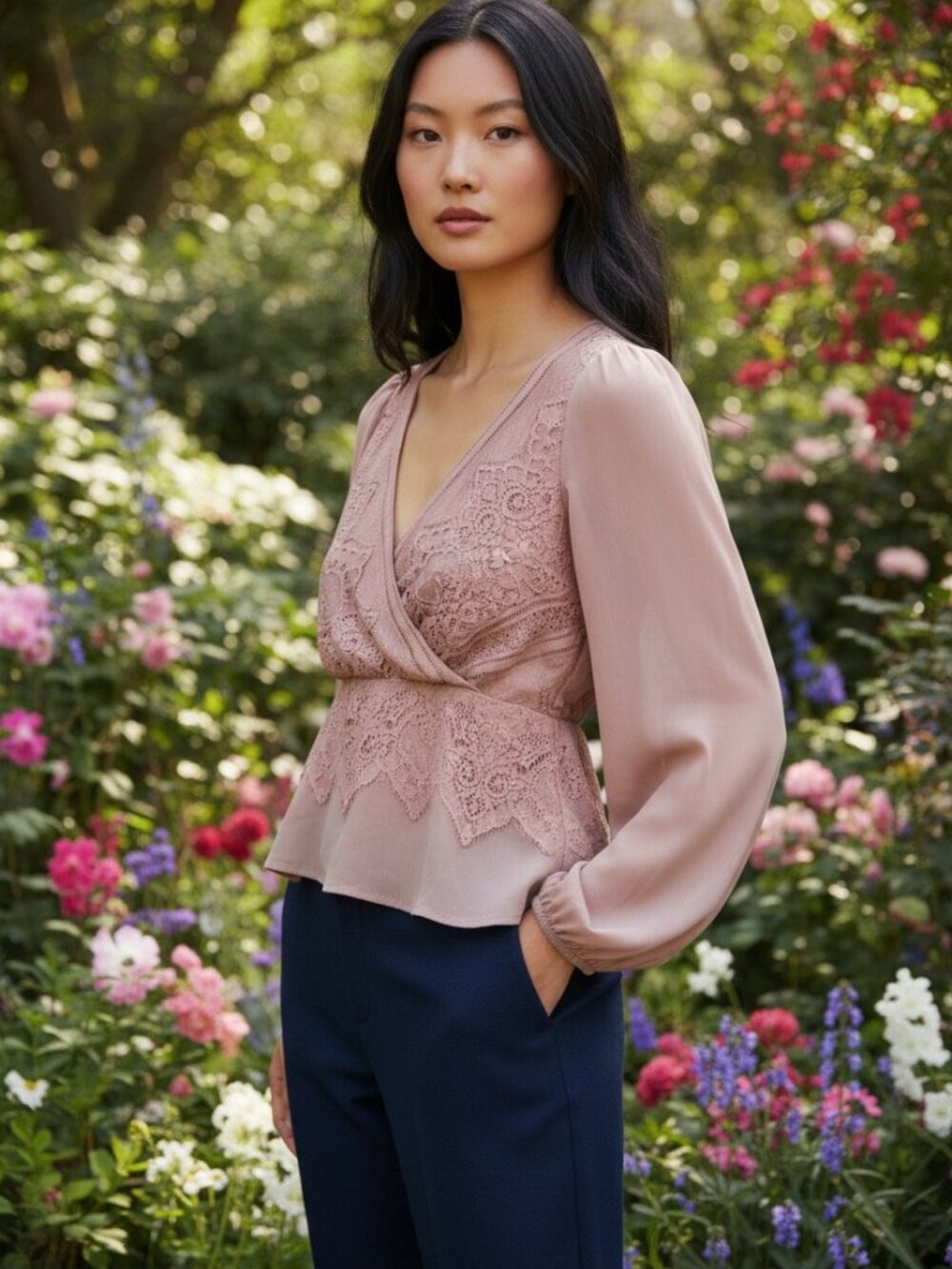 Lulus Women's Top (NWT)| Blush Lace Long-Sleeve | Size Large